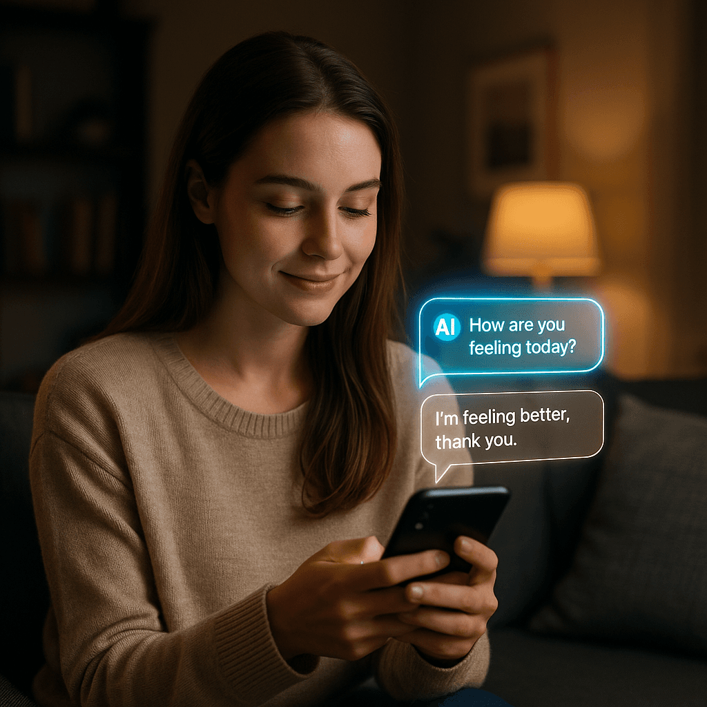 Woman using ZenThink AI mental health companion - feeling better conversation